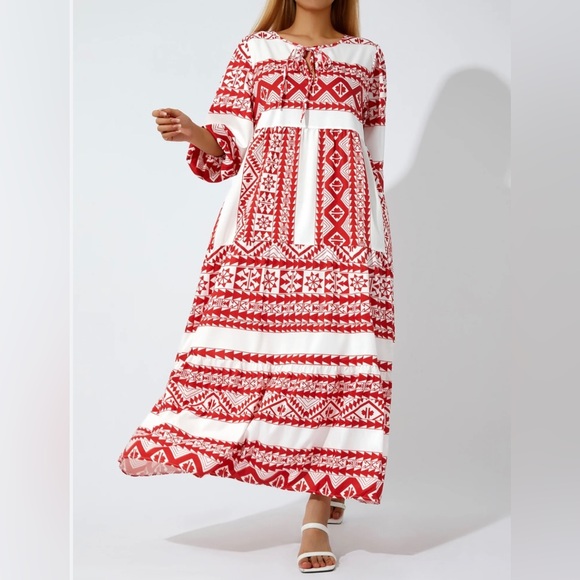 New Boho Ethic Geo Aztec Tribal Pattern Maxi Dress Loose Long Puff Sleeves Vneck - Picture 5 of 16